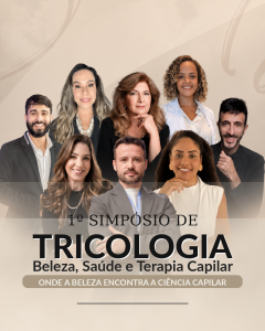 Imagem de divulgação do 1º Simpósio de Tricologia Expo Beauty, com profissionais da área da beleza, saúde e terapia capilar.