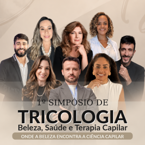 Imagem de divulgação do 1º Simpósio de Tricologia Expo Beauty, com profissionais da área da beleza, saúde e terapia capilar.